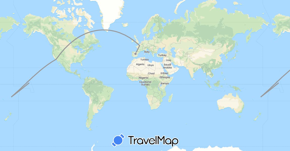 TravelMap itinerary: driving, plane in Spain, Fiji, France, Kiribati, United States (Europe, North America, Oceania)